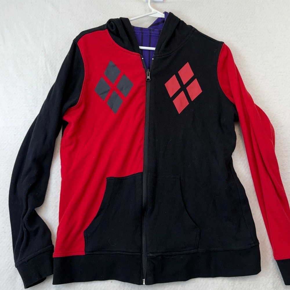 DC Comics Joker Harley Quinn Reversible Hoodie Purple Pinstripe Red Black Size L - Picture 2 of 5